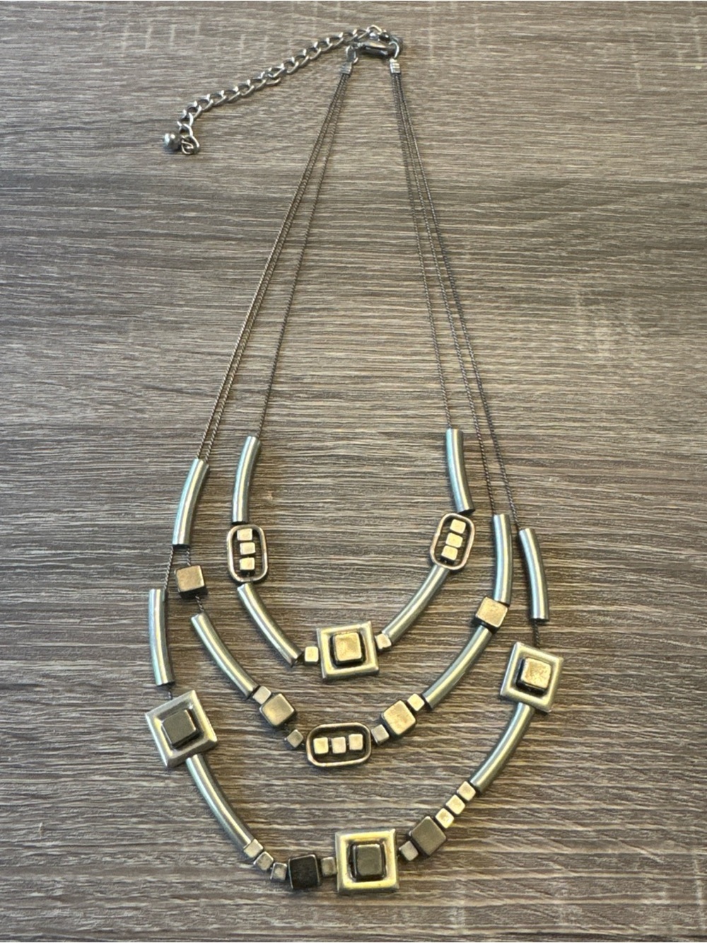 Industrial Style Multi Strand Gunmetal & Silver Tone Geometric Necklace 22”